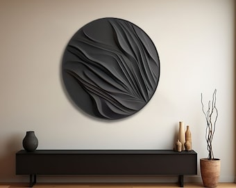 Schwarze runde Wohnkultur, schwarze Wandskulptur, schwarze Wanddekoration mit Tiefe, 3D abstrakte schwarze Textur, Holzschnitzerei