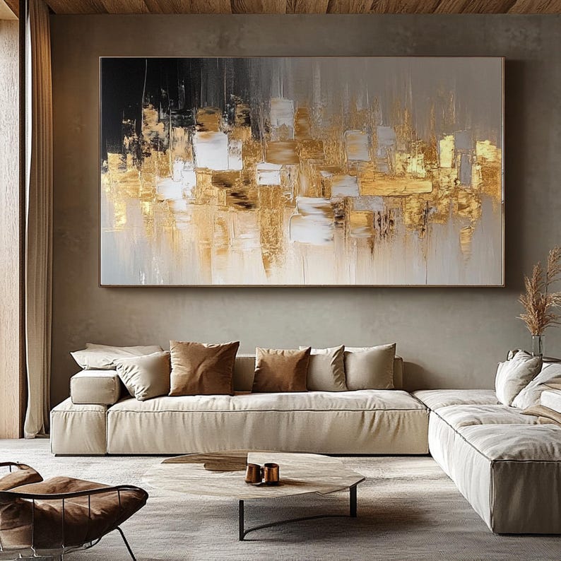 Gold and Black Abstract Paitning on Canvas Textured Wall Art Gold Foil