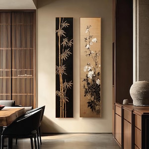 Handmade Orchid and bamboo Tall Narrow Painting - Tall Long Narrow Vertical Wall Decor- Large Canvas Wall Decor-Chinese Style Home Decor