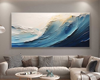 Peinture à l'huile originale de vague de l'océan sur la toile, peinture bleue de vague de texture abstraite, peinture minimaliste, art mural personnalisé de mer bleue