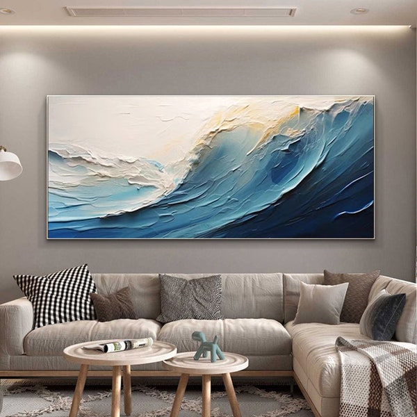 Peinture à l'huile originale de vague de l'océan sur la toile, peinture bleue de vague de texture abstraite, peinture minimaliste, art mural personnalisé de mer bleue