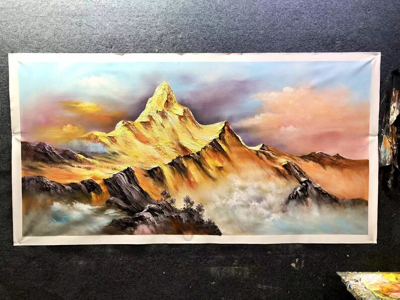 Gold Mountain Oil Painting on Canvas: Abstract Landscape Boho Wall Art ...