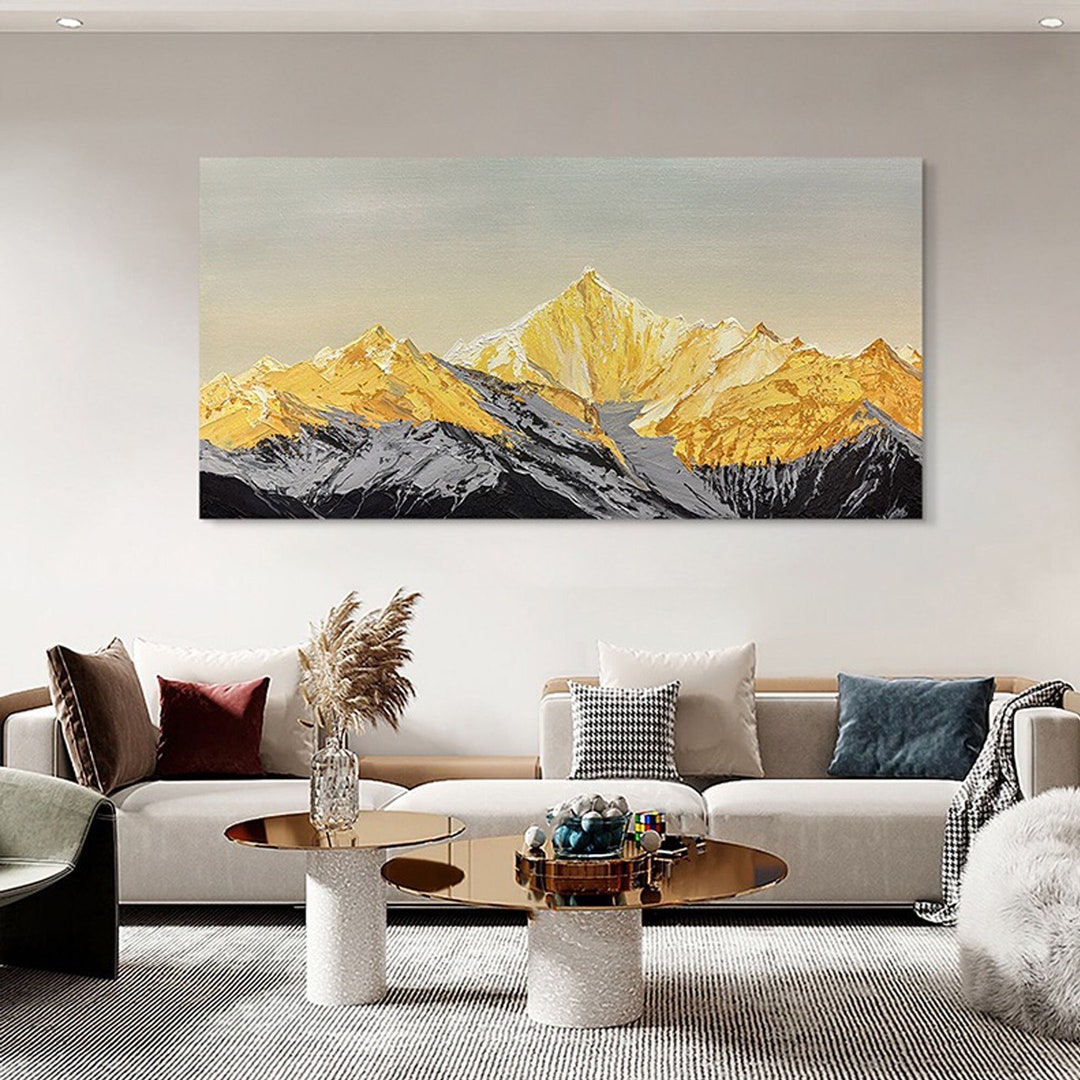 Large Golden Mountain Oil Painting: Textured Acrylic Landscape