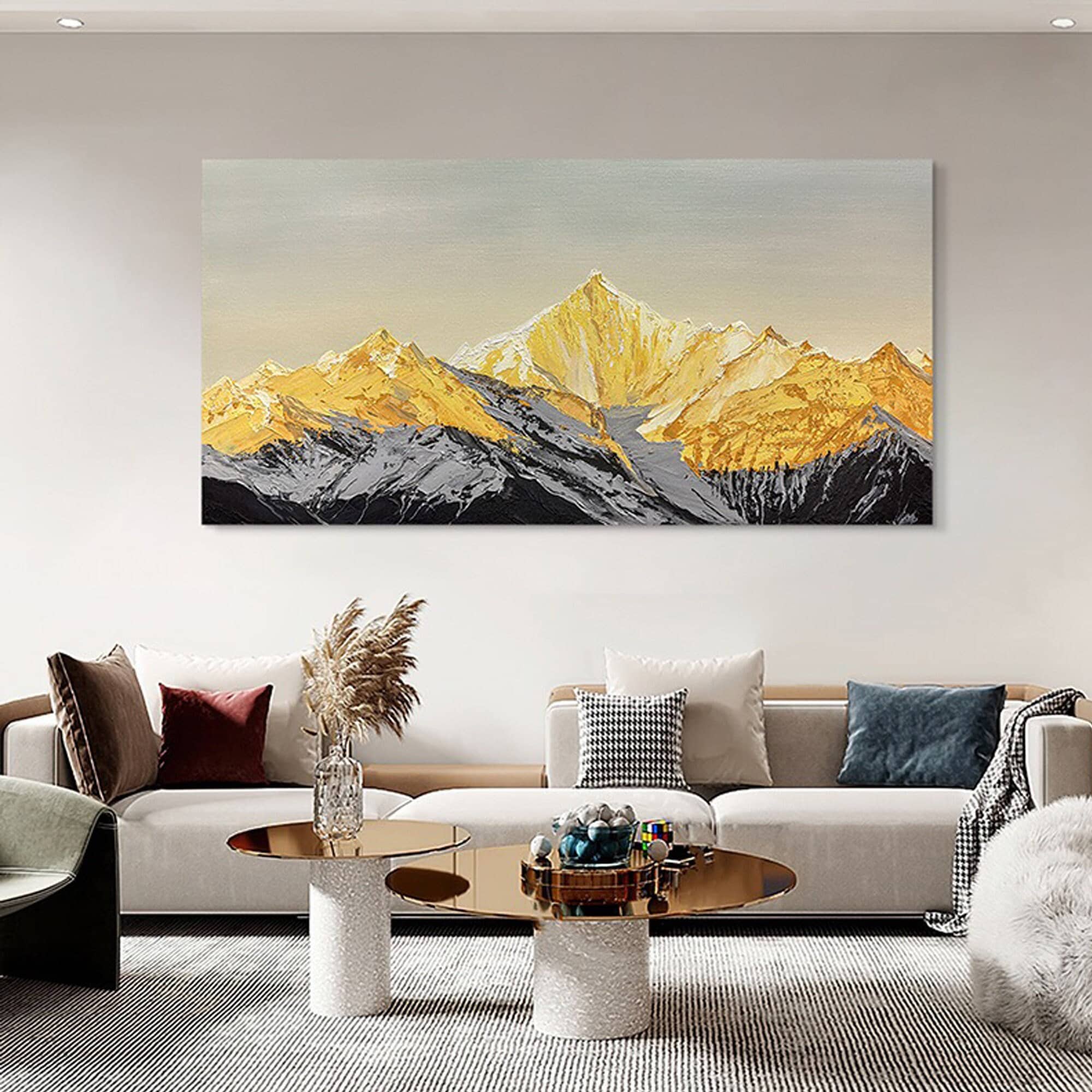 Golden Motion（ゴールデン・モーション） インテリアアート Large Golden Mountain Oil Painting: Textured Acrylic Landscape