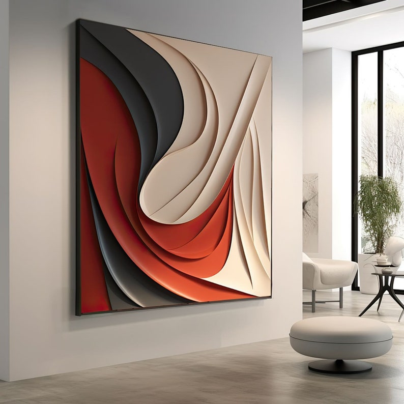 Large Colorful Abstract Wood Carving Wall Art, Minimalist Wall Art, Red