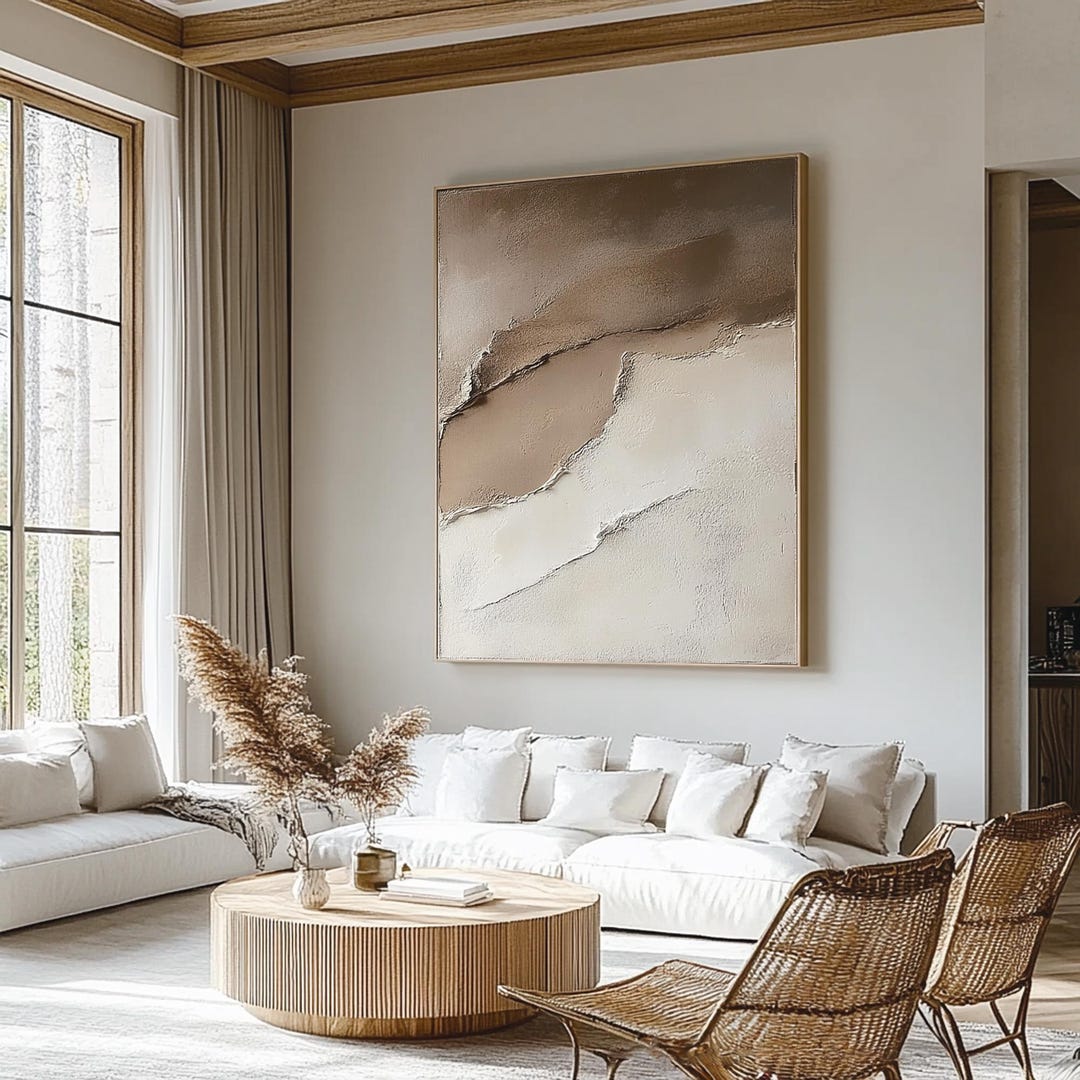 Large Beige Brown Abstract Canvas Painting: Minimalist Texture Wall Art ...
