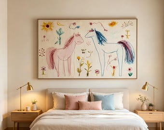 May include: A large rectangular wall art piece featuring a whimsical line drawing of a pink horse and a blue horse surrounded by colorful floral and sun motifs on a cream background, displayed above a bed with neutral bedding and two lamps.