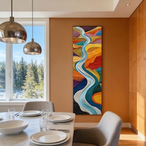 Pintura al óleo de paisaje hecha a mano: Lienzo abstracto vertical enmarcado, arte de pared largo y estrecho.