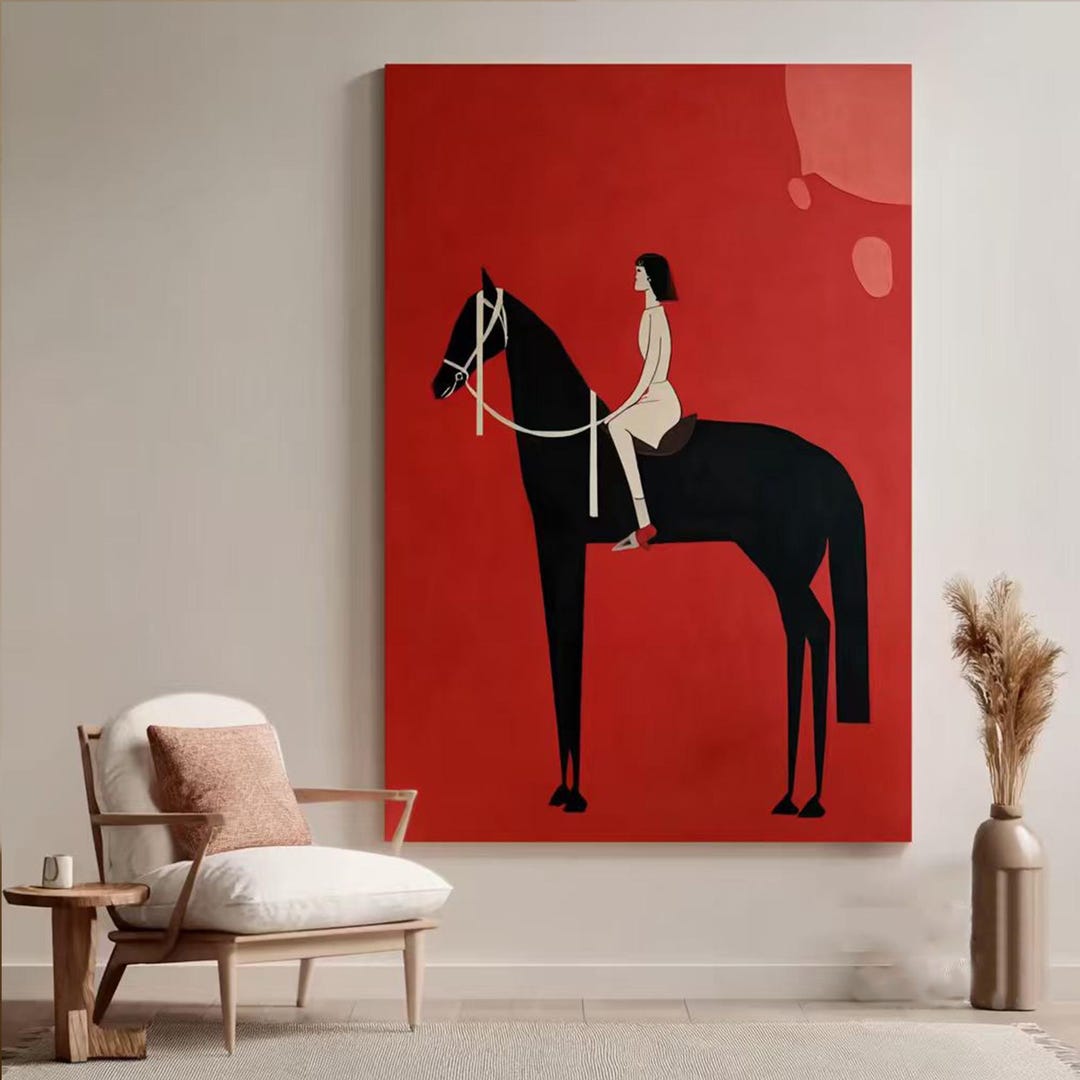 Vintage Abstract Horse & Figurative Canvas Large Red Textured Wall Art ...