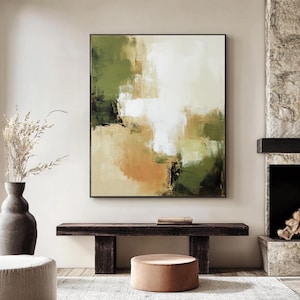 Abstract Green White Texture Wall Art Large Green Abstract Canvas Art for Livingroom Wabi-Sabi Wall Art Green Abstract Minimalist Painting