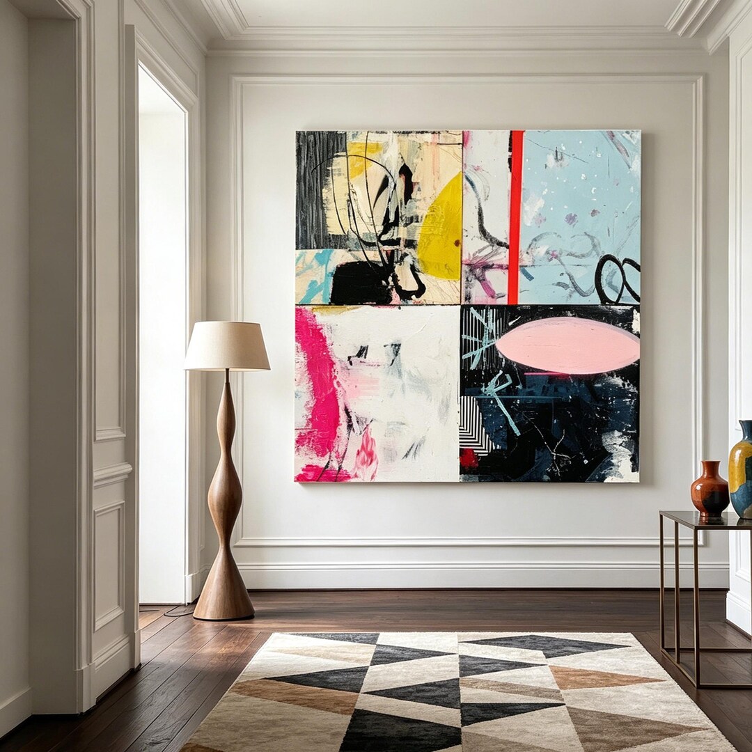 Quadriptych Textured Abstract Quadriptych Canvas Art, Pink Lips Pop Collage ...
