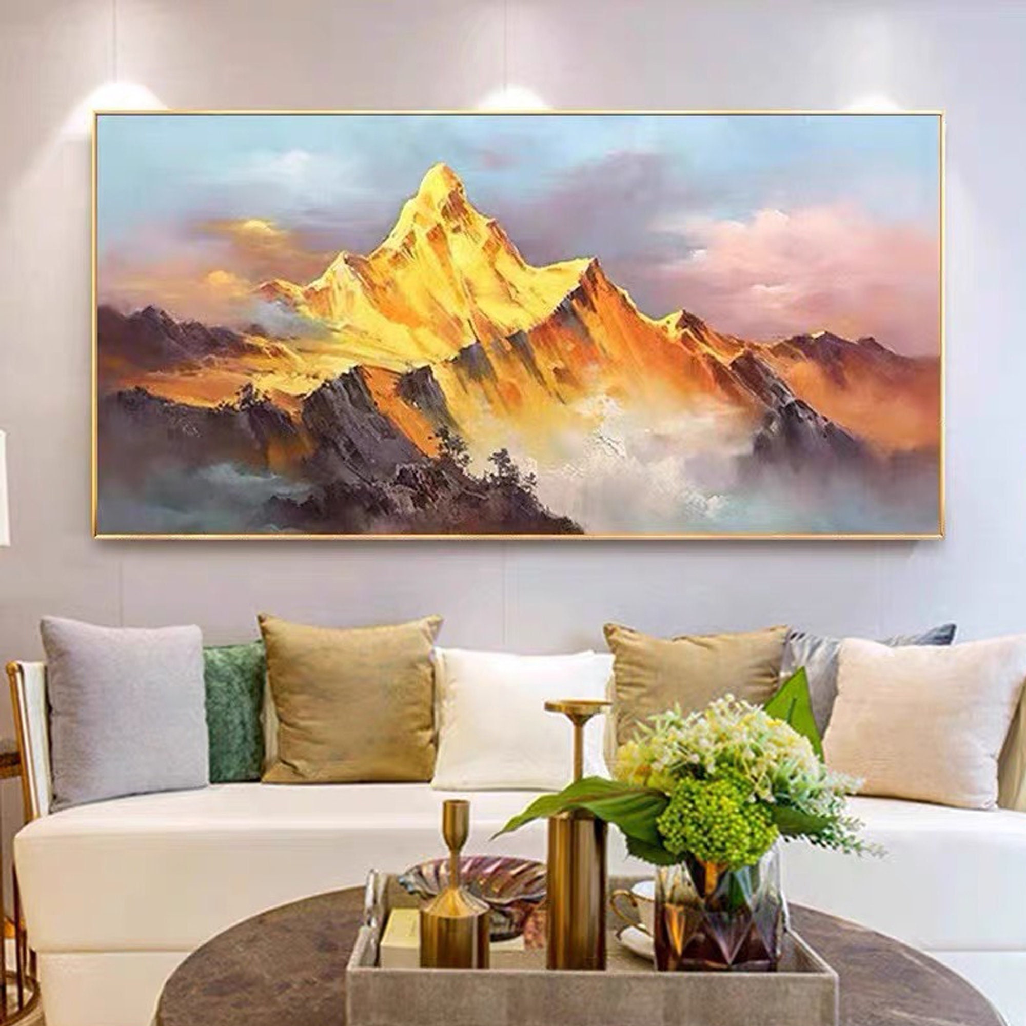 Gold Mountain Oil Painting on Canvas: Abstract Landscape Boho Wall Art