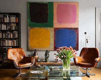 Abstract Block Oil Painting on Canvas, Large Mid Century Texture Art