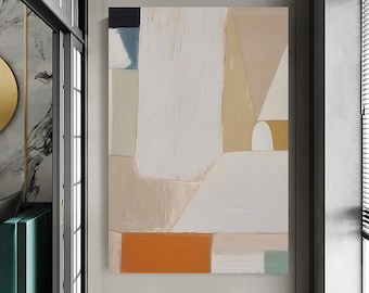 Original Beige & White Geometric Acrylic Painting, Large Minimalist Canvas Art