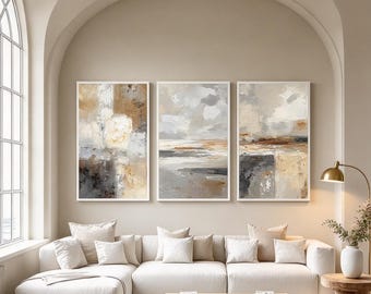 May include: A set of three vertical rectangular wall art pieces featuring abstract brushstrokes in shades of beige, cream, gray, and dark brown. Each piece is framed in a thin white border, displaying textured layers of paint that create a layered effect.