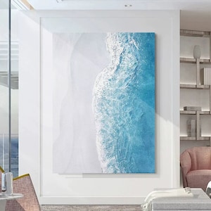 キャンバスに描かれたオリジナルの青い波の絵画、テクスチャのある壁アート、青い海のキャンバス、青と白の絵画、ビーチの風景画