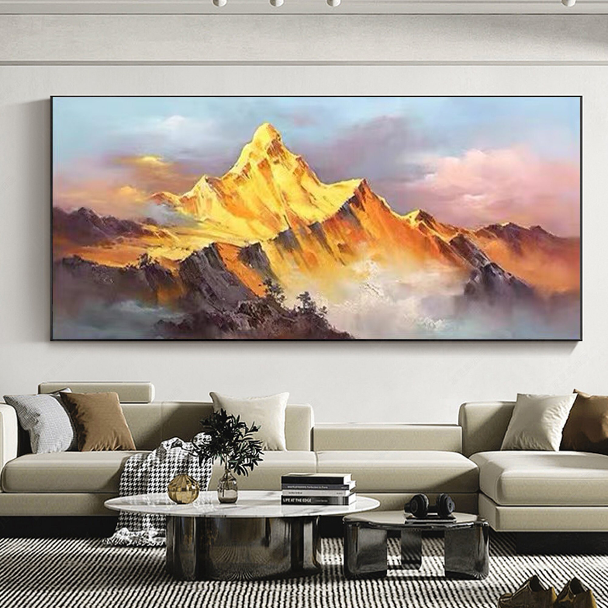 Gold Mountain Oil Painting on Canvas: Abstract Landscape Boho Wall Art ...