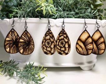 OOAK Free Shipping! Woodburned Earrings ~ Wood Circle Drop Earrings Boho Style