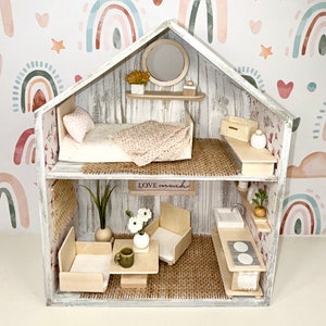 Handmade Wood Dollhouse: Miniature Furniture Included