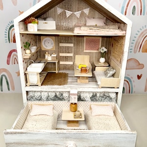 Handmade Wood Dollhouse with Furniture: Miniature Play Set