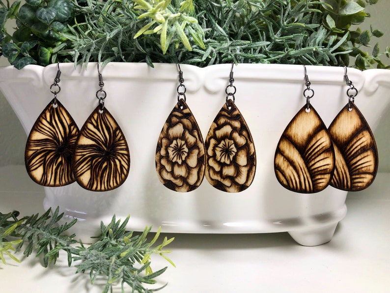 Wood Burned Teardrop Earrings | Etsy