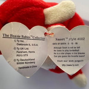 1995 Snort TY beanie baby, Style 4002,Error tag image 3