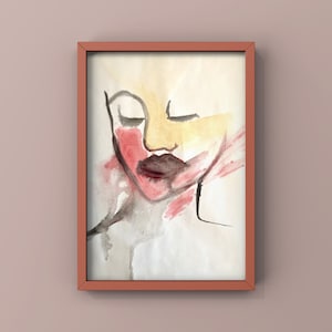 May include: A watercolor painting of a person's face with a closed eye, a nose, and a mouth. The face is painted in shades of red, yellow, and gray.