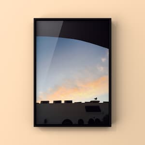 Puede incluir: Una fotografía enmarcada de una puesta de sol sobre un edificio con un solo pájaro posado en el techo. El cielo es un degradado de rosa, naranja y azul.