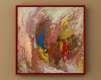 May include: Abstract painting in a red frame with a mix of colors including pink, white, blue, yellow, red, and brown. The colors are blended together in a swirling pattern.