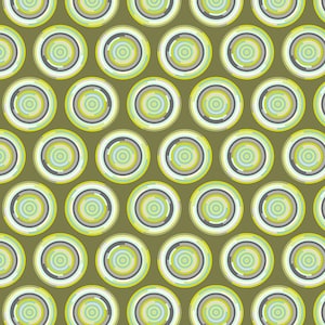 May include: A seamless pattern of green, blue, and white concentric circles on a brown background.