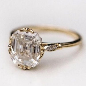 Asscher Cut Moissanite Engagement Ring 14K Yellow Gold Anniversary Ring Art Deco Wedding Ring For Woman Gift For Her Unique Promise Ring