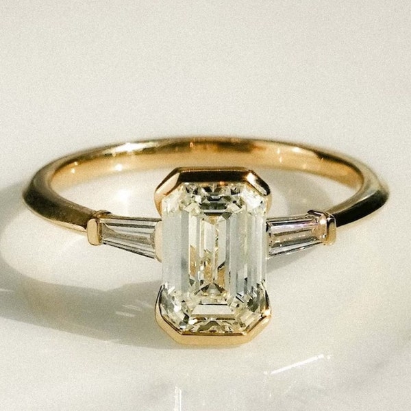 3 CT Emerald Cut Engagement Ring 14K Solid Gold Ring Three Stone Moissanite Bugguete Ring Thank you Gift For Women Handmade Jewelry Gifts