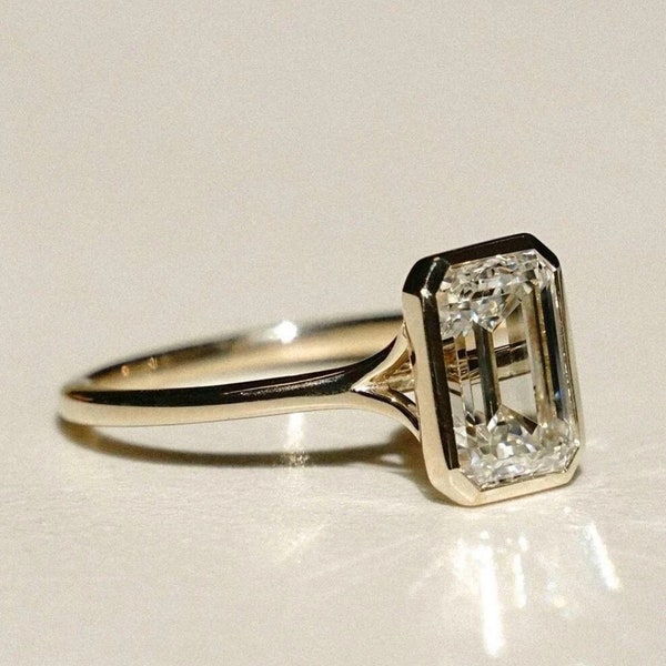 Emerald Cut Moissanite Bezel Set Solitaire Ring, Emerald Cut Solitaire Rings, Bezel Set Wedding Rings, Solitaire Engagement Rings for Women