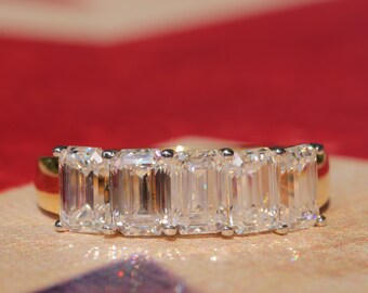 Emerald Cut Moissanite Wedding Band, Emerald Cut Half Eternity Band, 14k Solid Yellow Gold Band, Matching Band, Lovely Wedding Gift For Her
