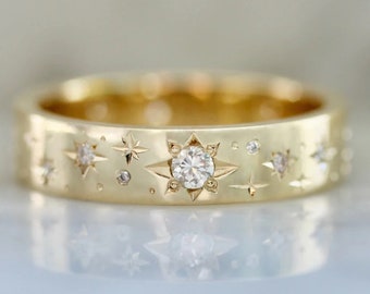 Unique Gold & Moissanite Celestial Wedding Band For Her, Antique Jewelry, Stars Engraved Diamonds Bridal Band, Starburst Wide Wedding Band