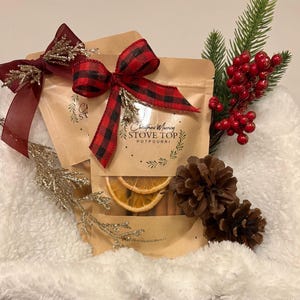 以下が含まれることがあります： 「Christmas Morning Stove Top Potpourri」と書かれた2つのクラフト紙のポーチは、赤と黒のチェック柄のリボンで結ばれています。ポーチには乾燥オレンジスライスとシナモンスティックが入っています。アレンジメントには、松ぼっくり、造花、緑が含まれています。