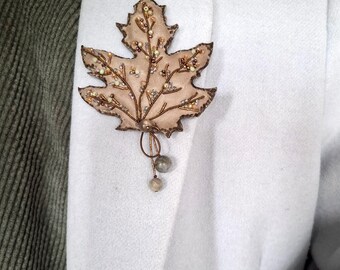 Handmade brooch “Maple Leaf” – made of genuine leather with zircon pearls