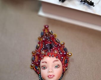 Handmade brooch “Doll Princess” – artfully embroidered with pearls and crystals