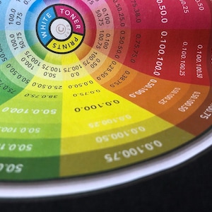 Pode incluir: Uma roda de cores com um centro circular rotulado como "PRINTS" e "TONER" com um c&iacute;rculo branco rotulado como "WHITE". A roda &eacute; dividida em se&ccedil;&otilde;es de cores com n&uacute;meros que indicam a porcentagem de cada cor.