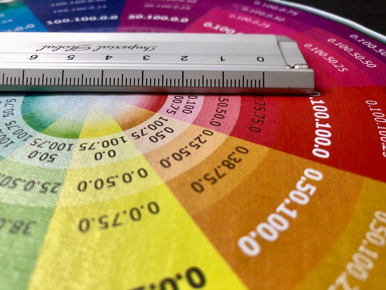 Pode incluir: Um close-up de uma roda de cores com uma r&eacute;gua no topo. A roda de cores &eacute; dividida em se&ccedil;&otilde;es de cores diferentes, com n&uacute;meros que indicam a porcentagem de cada cor. A r&eacute;gua &eacute; marcada com n&uacute;meros de 0 a 9.