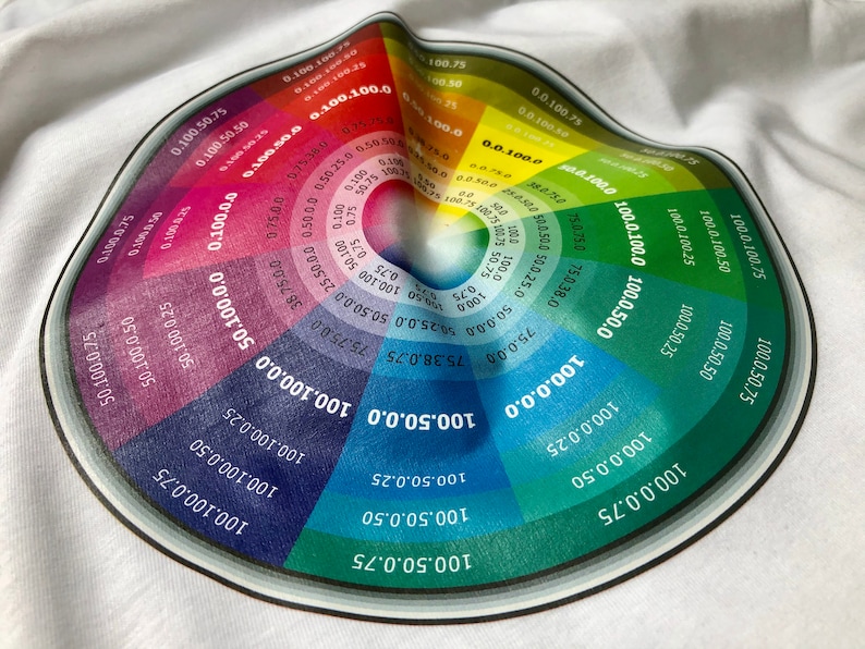 Pode incluir: Uma roda de cores com um design circular, mostrando diferentes tons de vermelho, laranja, amarelo, verde, azul, anil e violeta. A roda de cores est&aacute; impressa em uma camiseta branca.