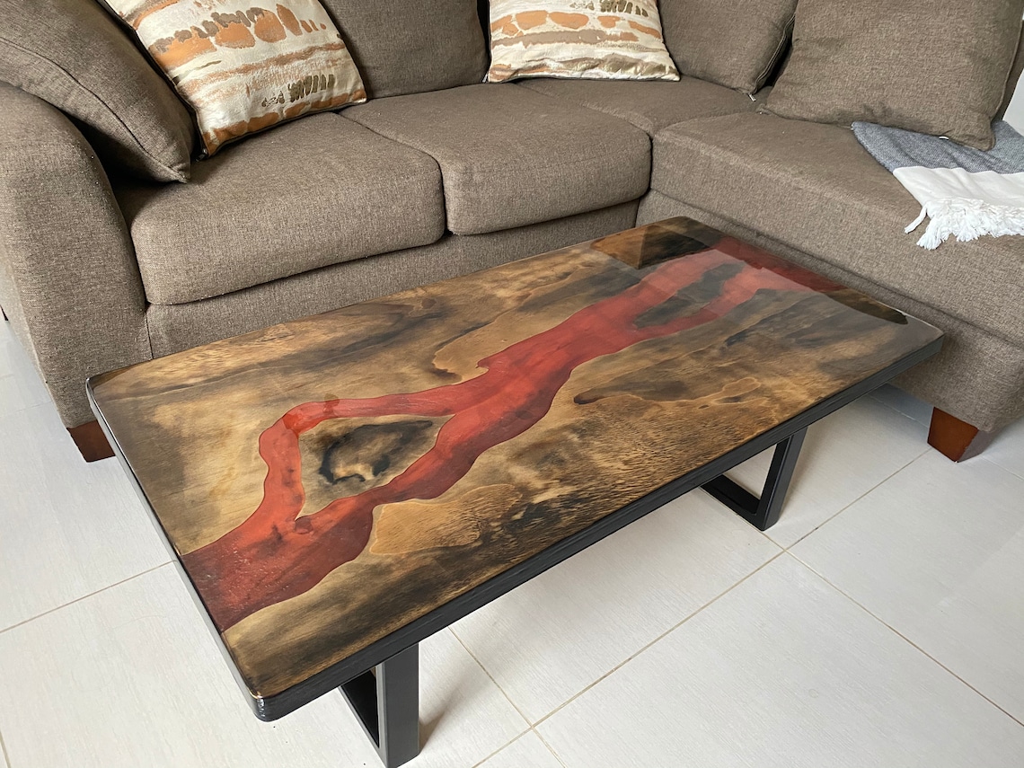 Red epoxy wooden river coffee table with black steel legs Etsy