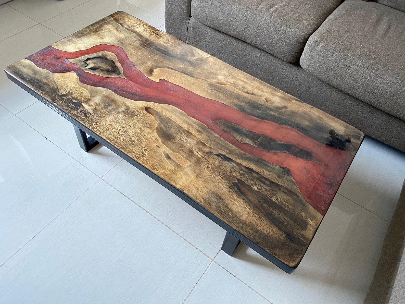 Red epoxy wooden river coffee table with black steel legs Etsy
