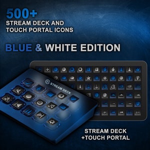 Könnte beinhalten: Blaue und weiße Stream Deck und Touch Portal Icons. Über 500 Icons sind in diesem Set enthalten. Die Icons werden auf einem blauen Stream Deck und einem schwarzen Touch Portal angezeigt.