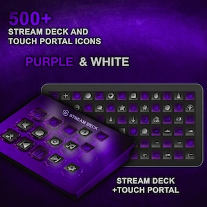 Op de afbeelding: Een digitale collectie van 500+ Stream Deck en Touch Portal iconen in paars en wit. Het display toont een Stream Deck apparaat met diverse functionele iconen, naast een raster van extra iconen met symbolen, pijlen en verschillende logo's.