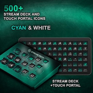 May include: Image of a Stream Deck and Touch Portal interface with over 500 icons. The design features a cyan and white color scheme. The Stream Deck is in the foreground, with a Touch Portal interface in the background.