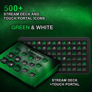 Può includere: Immagine di icone Stream Deck e Touch Portal in verde e bianco. L'immagine mostra uno Stream Deck con pulsanti illuminati e un dispositivo simile a un tablet che mostra varie icone. Il testo sull'immagine recita "500+ STREAM DECK AND TOUCH PORTAL ICONS GREEN & WHITE".