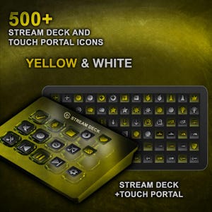 Op de afbeelding: Afbeelding van een Stream Deck en Touch Portal met meer dan 500 gele en witte pictogrammen. De Stream Deck heeft meerdere knoppen met pictogrammen. De tekst op de afbeelding luidt "500+ STREAM DECK AND TOUCH PORTAL ICONS YELLOW & WHITE STREAM DECK +TOUCH PORTAL".