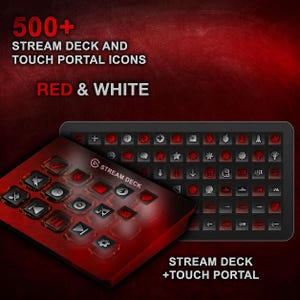 Peut inclure: Interface Stream Deck et Touch Portal rouge et noir avec plus de 500 icônes rouges et blanches. L'image montre un gros plan du Stream Deck avec ses boutons et une interface de type tablette avec diverses icônes. Le texte indique "Stream Deck + Touch Portal".