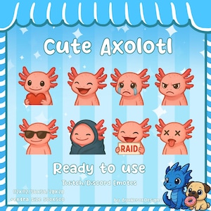 Peut inclure: Graphique numérique avec huit émoticônes d'axolotl de dessin animé avec différentes expressions. Le texte indique "Cute Axolotl" et "Ready to use". Comprend un dragon bleu et un carlin avec un beignet.